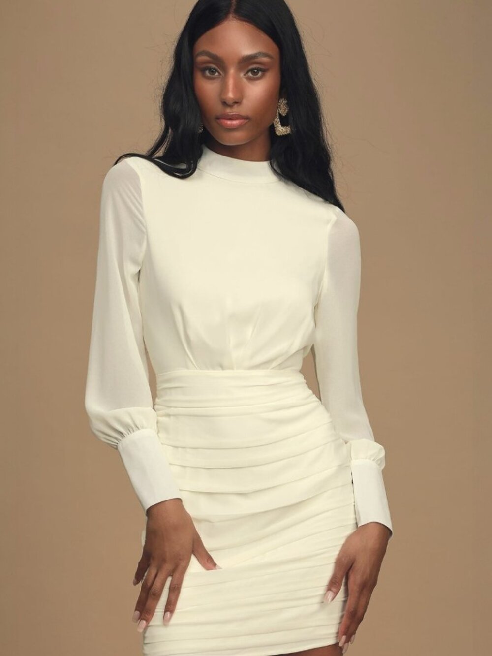 Lulus Major Inspo Cream Ruched Long Sleeve Mini Dress​ NWT - Picture 2 of 9